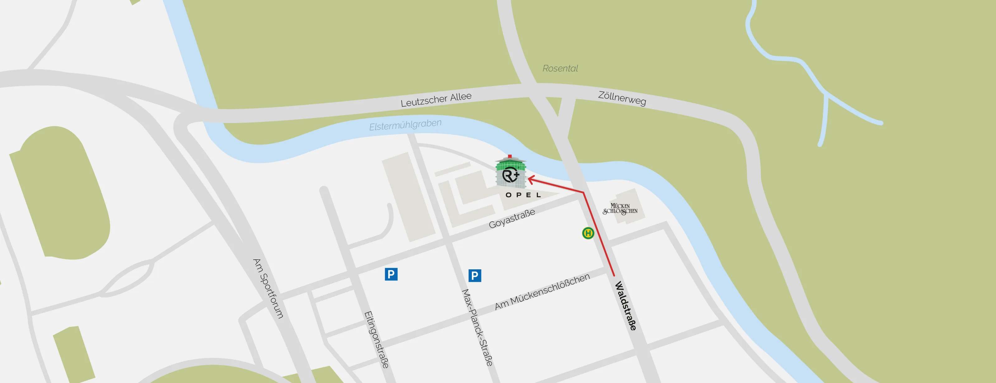 Anfahrtsskizze: RELAX plus in der Goyastraße 2a am Elstermühlgraben, Tram-Haltestelle Am Mückenschlösschen an der Waldstraße, Parkdeck über die Max-Planck-Straße