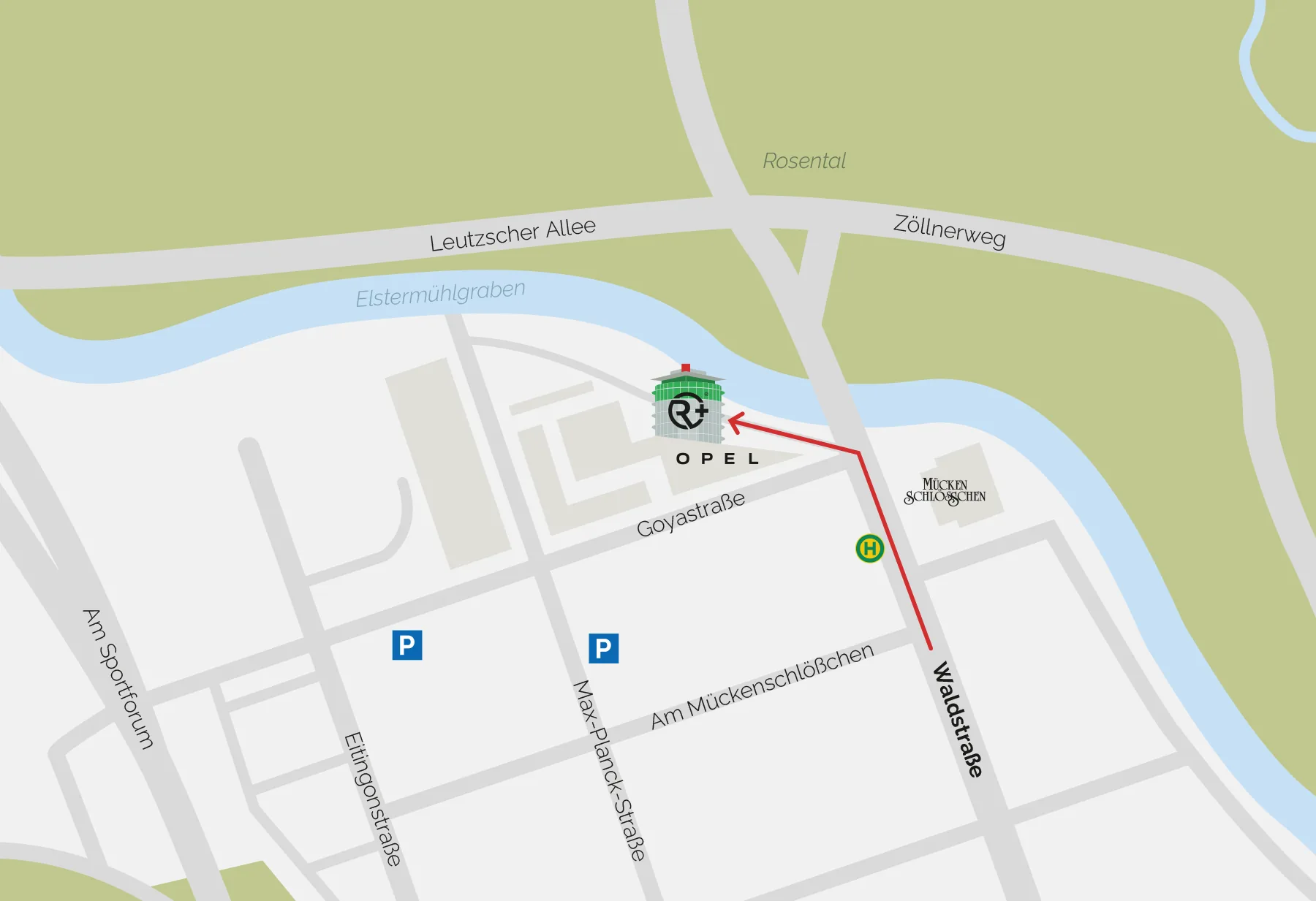 Anfahrtsskizze: RELAX plus in der Goyastraße 2a am Elstermühlgraben, Tram-Haltestelle Am Mückenschlösschen an der Waldstraße, Parkdeck über die Max-Planck-Straße